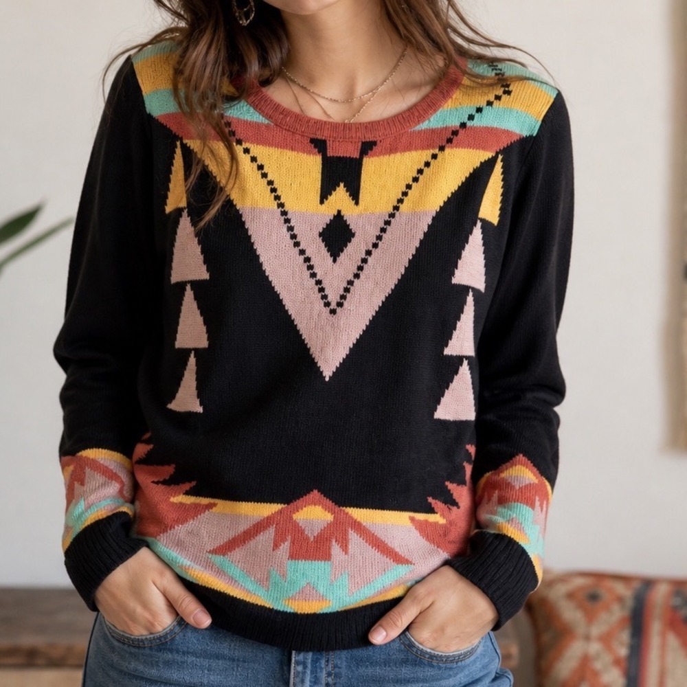 Minkpink Southwestern Geometric Tribal Knit Sweater Black Boho Aztec Print M L2